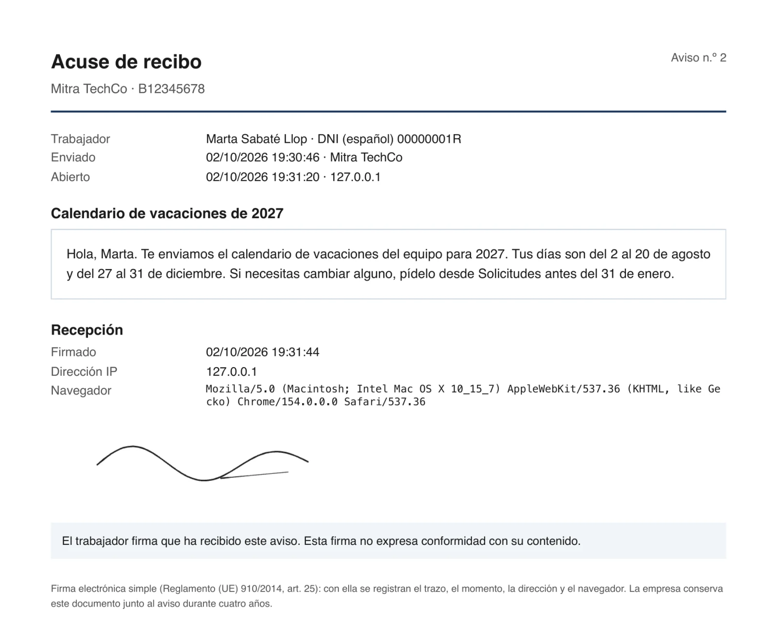 El acuse de recibo en PDF: la trabajadora, la hora de envío y de apertura, el texto del aviso, la hora, la IP y el navegador de la firma, el trazo firmado y la frase que dice que firmar no es estar conforme