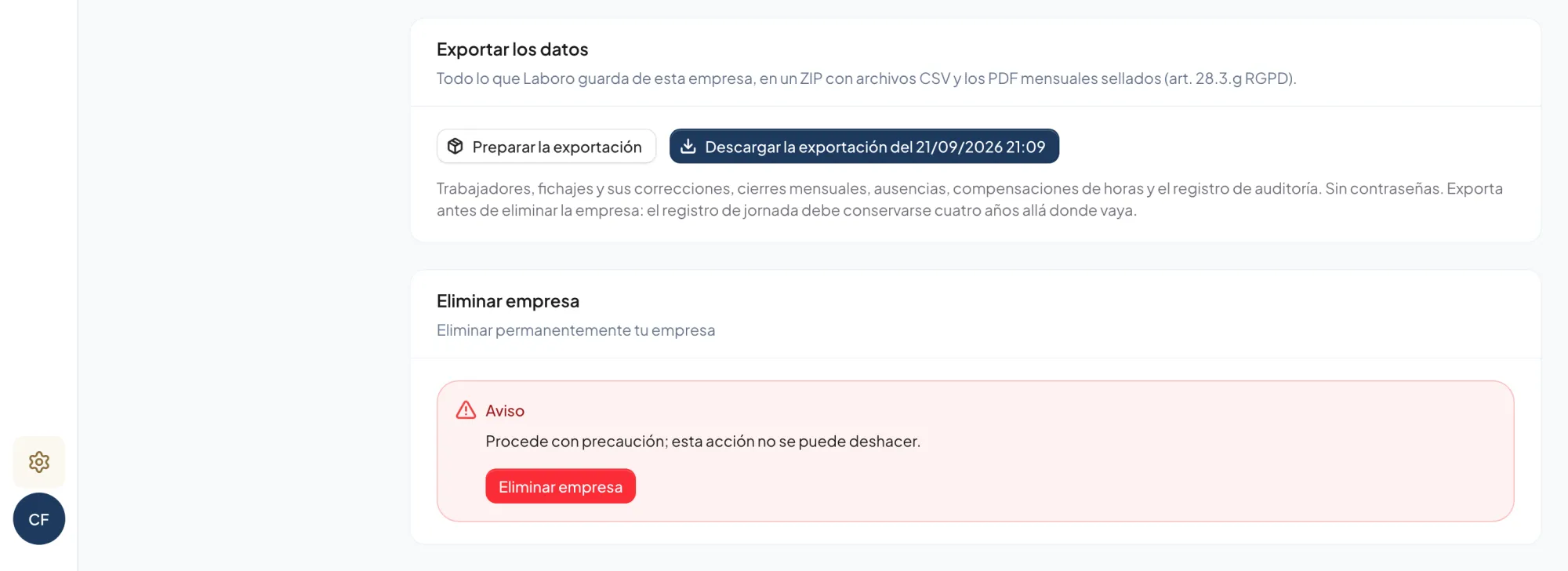 El bloque de exportar los datos del panel: un botón para preparar la exportación y otro para descargarla, con la explicación de qué lleva el ZIP, y debajo el bloque de eliminar la empresa
